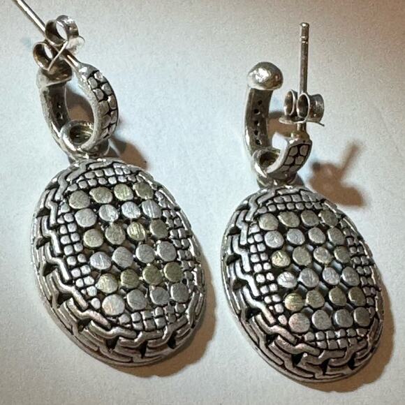 Silver Two-Tone Textured Drop Earrings Artisan Design 0.7" Round Fashion Jewelry - Picture 1 of 5